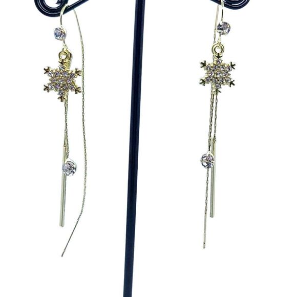 Dainty CZ Snowflake Earrings Gold Thread Dangle Holiday Wedding Formal Jewelry - Picture 8 of 8